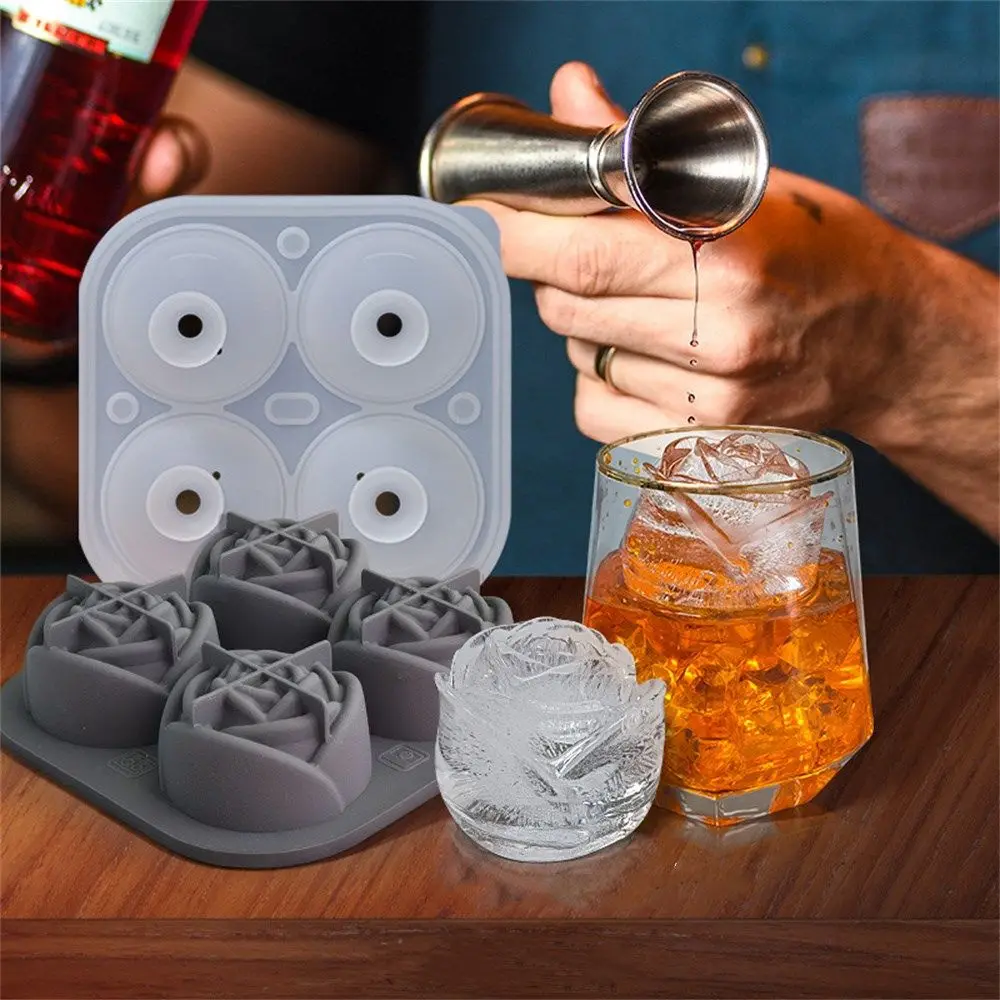

Juice 4 Cavity Round Whiskey With Cover Ice Cube Tray Silicone Ice Ball Maker Ice Cube Mold