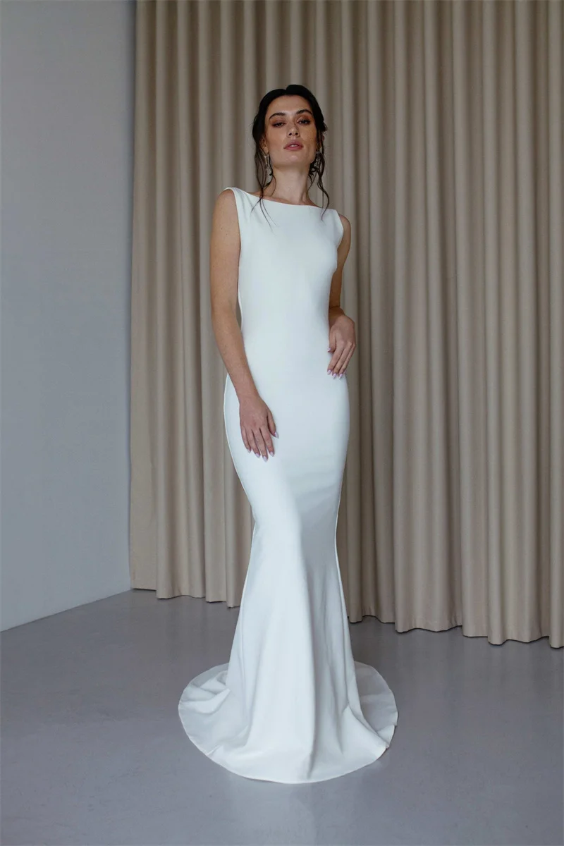 

#11281 2021 Elegant Mermaid Soft Satin Sleeveless Wedding Dress Open Back Boat Neck Rustic Bridal Photoshoot Gown Custom Made