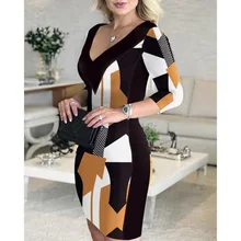 Robe à la mode pour femmes, col en v, positionnement des hanches, jupe portefeuille imprimée, demi manches, tempérament, 2021  (1)