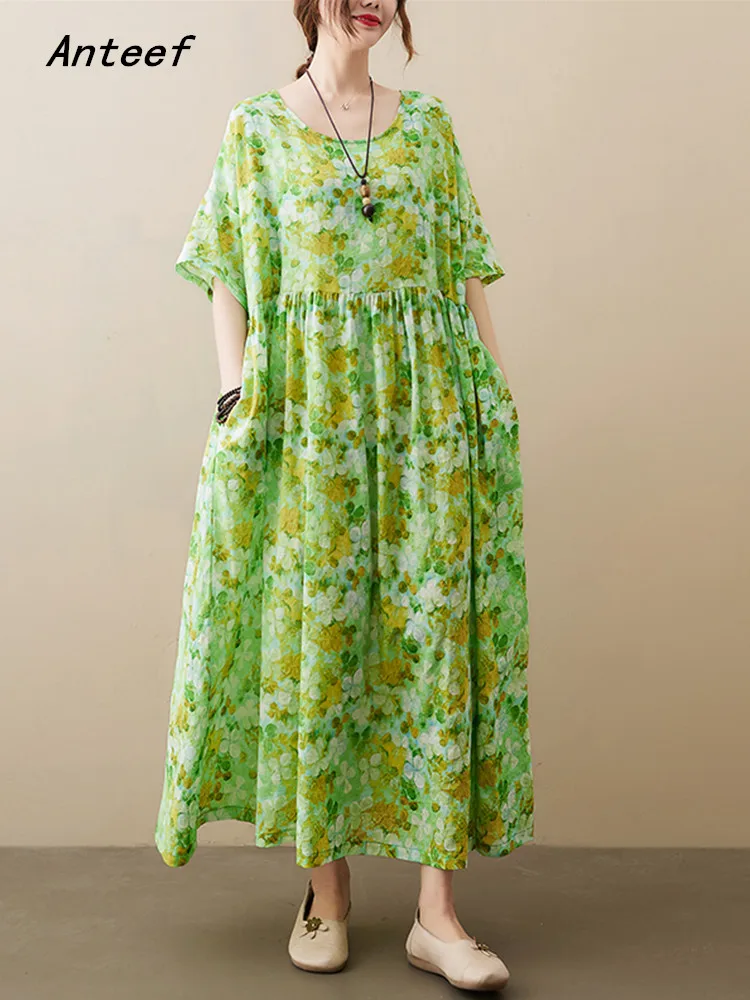 

Anteef short sleeve oversize cotton vintage floral new in dresses for women casual loose long summer dress elegant clothing 2023