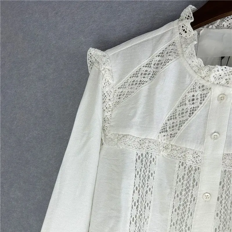 

2023 Autumn Women Shirt Hollow Out Lace Splicing Lantern Sleeve Sweet Blouse