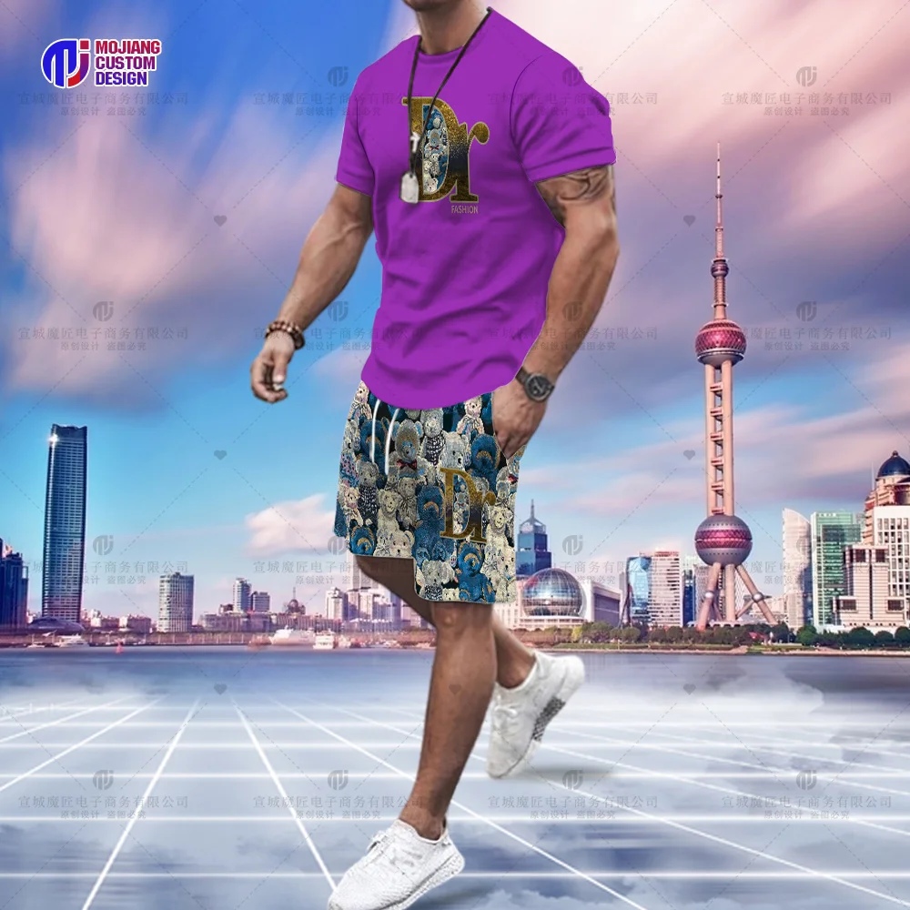 Short-Sleeved Suit Men's Top Trend Slim Simple Letter Casual Half-Sleeved T-Shirt Summer Round Neck Bear Pattern Shorts Clothing