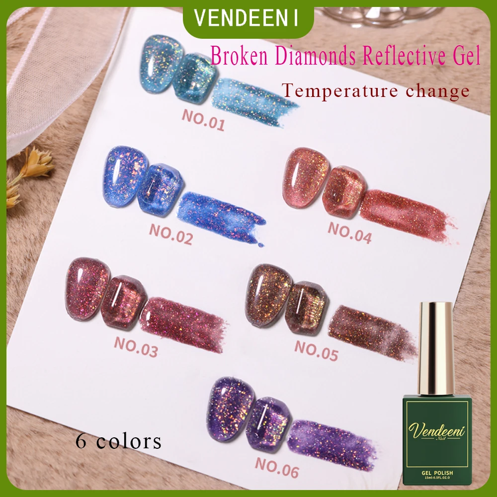 

Vendeeni 15 мл Broken Diamond Glitter Красочный гель-лак для ногтей Soak Off UV LED Nail Art Design Изменение температуры Гель-лак
