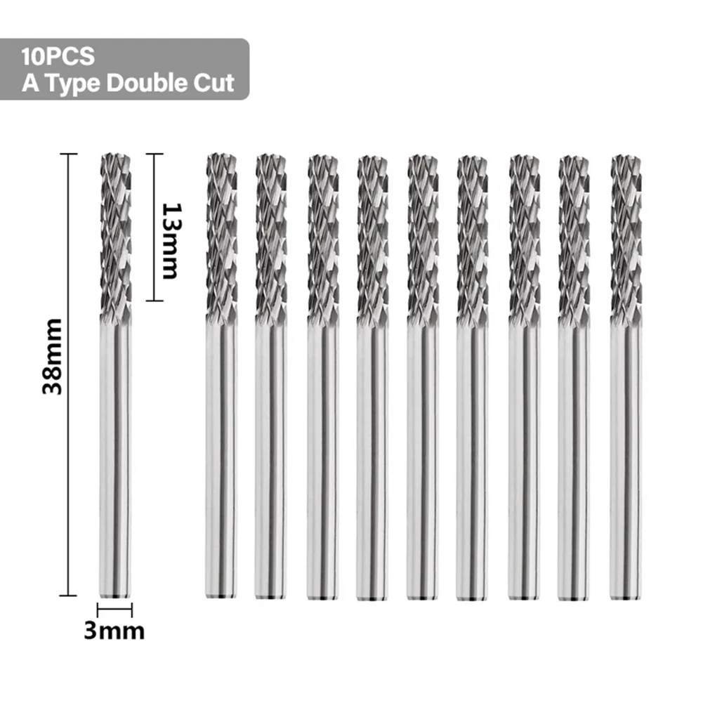 10PCS Rotary Burr 3mm Shank Double Cut Tungsten Carbide Rotary Burr Sets For Rotary File Tool Power Tools Rotary Tool