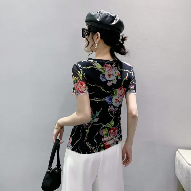 # 5764 Черная сетчатая футболка женская с 3D цветочным принтом коротким рукавом