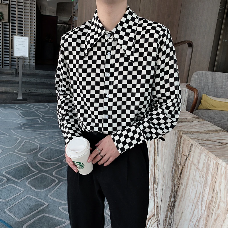 Men Net Celebrity Big Collar Black White Plaid Long Sleeve Shirt Men Japan Korean Streetwear Fashion Loose Casual Vintage Shirt