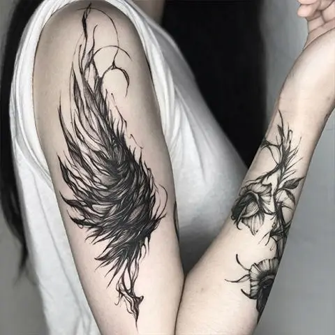 

2022 New Dark Black Feathered Wings Art Waterproof Tattoo Stickers for Woman Man Arm Thigh Body Temporary Tattoo Fake Tattoo