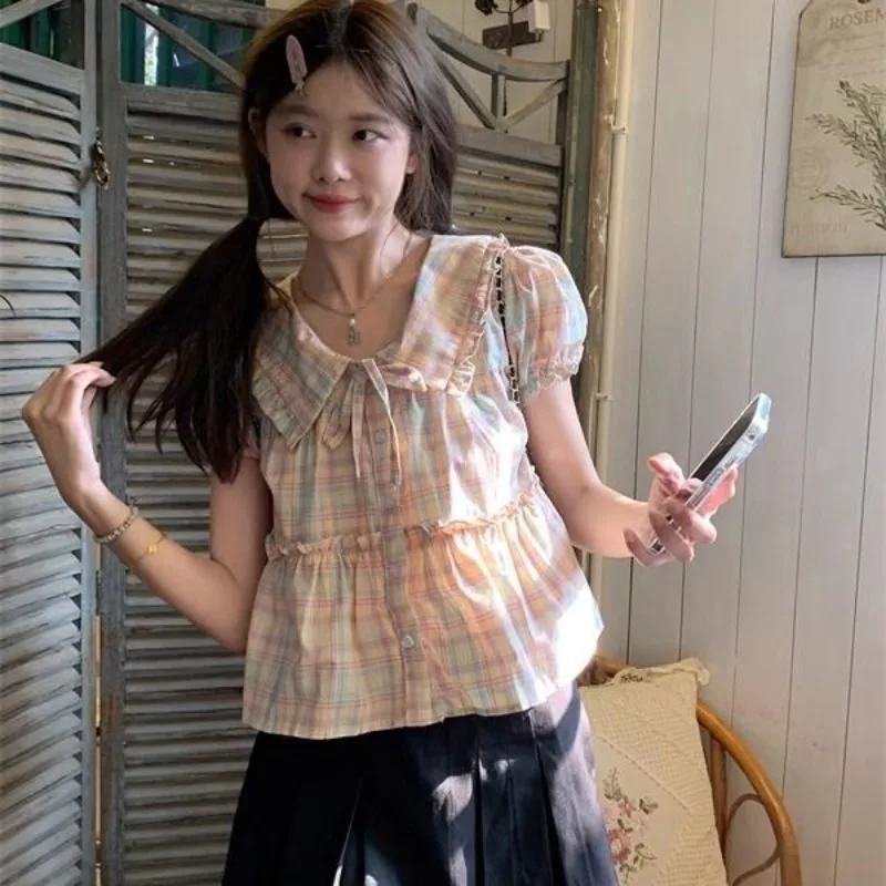 Рубашки и блузки в клетку корейская модная женская блузка с отложным воротником