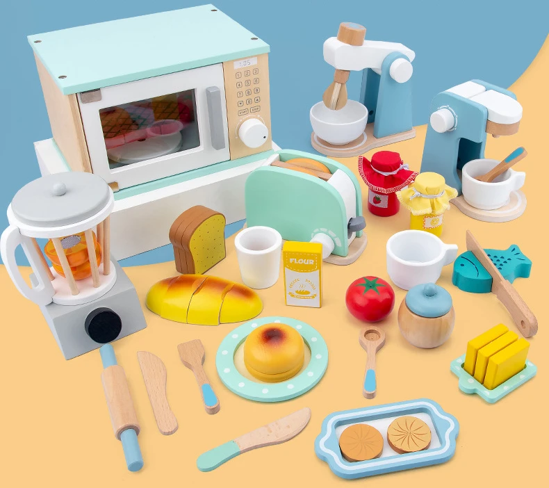 Wooden Kitchen Imaginary House Toy Simulation Toaster Coffee
