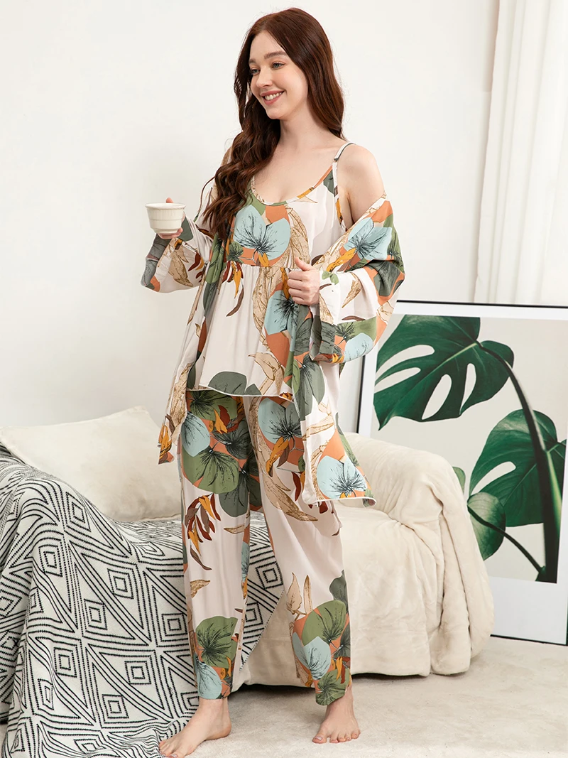 Spring Autumn Plus Size S-XXXL Viscose Floral Printed Women Sleepwear Ladies Loose Thin Homewear Three-piece  Pajamas Set