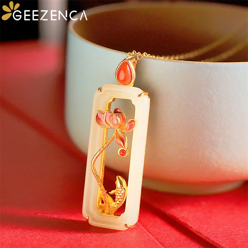 

GEEZENCA White Jade 925 Sterling Silver Enamel Lotus Koi Women's Pendant Vintage Luxury Geometric Lucky Pendants Without Chain