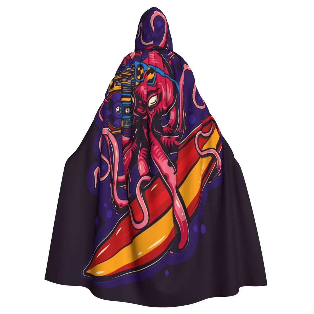 

Unisex Witch Party Reversible Hooded Adult Vampires Cape Cloak Vintage Octopus With Glasses Boombox And Surfing