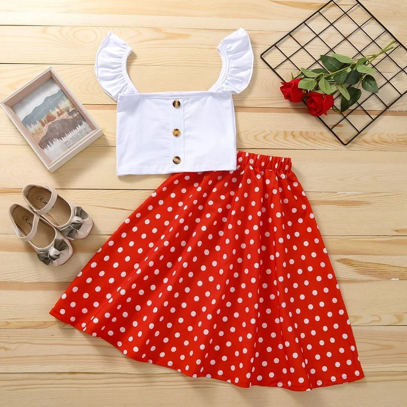 

Baby Set Fly Sleeve Crop Top + Polka Dot Long Skirts 2PCS Summer New Clothing Sets for Girls