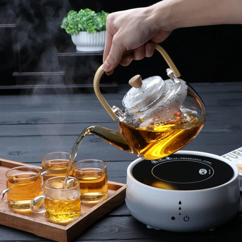 

1000ml High Borosilicate Glass Handmade Bamboo Handle Glass Teapot With Glass Strainer