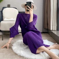 yzz elegant purple pleated dress women summer french solid color midi dress female clothing fashion vestidos