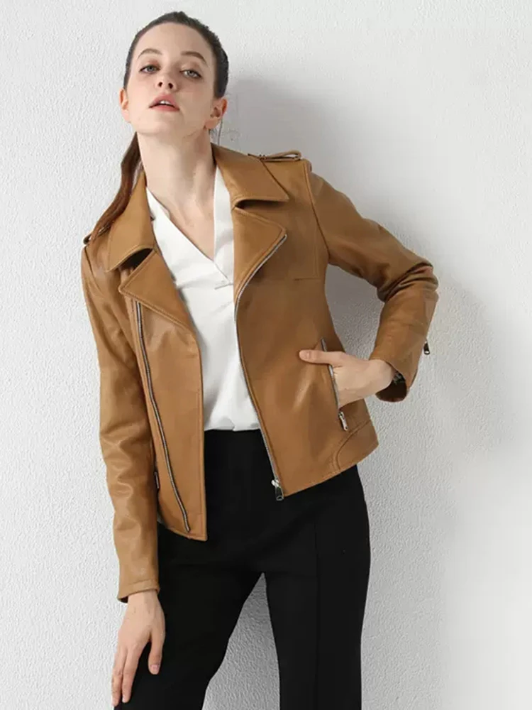 New Women Genuine Leather Jacket Spring Autumn Fashion Casual Turn-down Collar Sheepskin Short Coat Slim Moto Outerwear Female