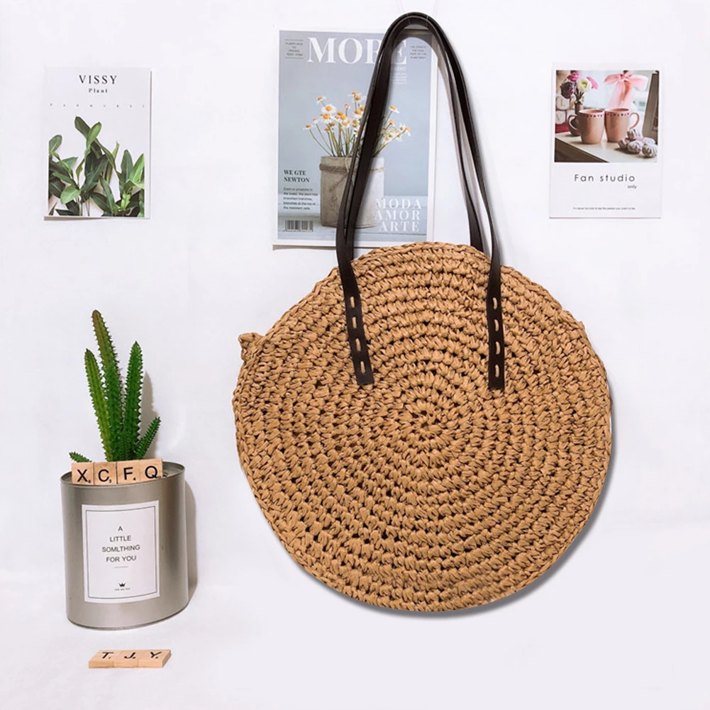 

Fashion Woven Bag Women Round Summer Beach Shoulder Bag Women Vintage Straw Bag Female CrossBody Handle Handbag Women Tote Bag