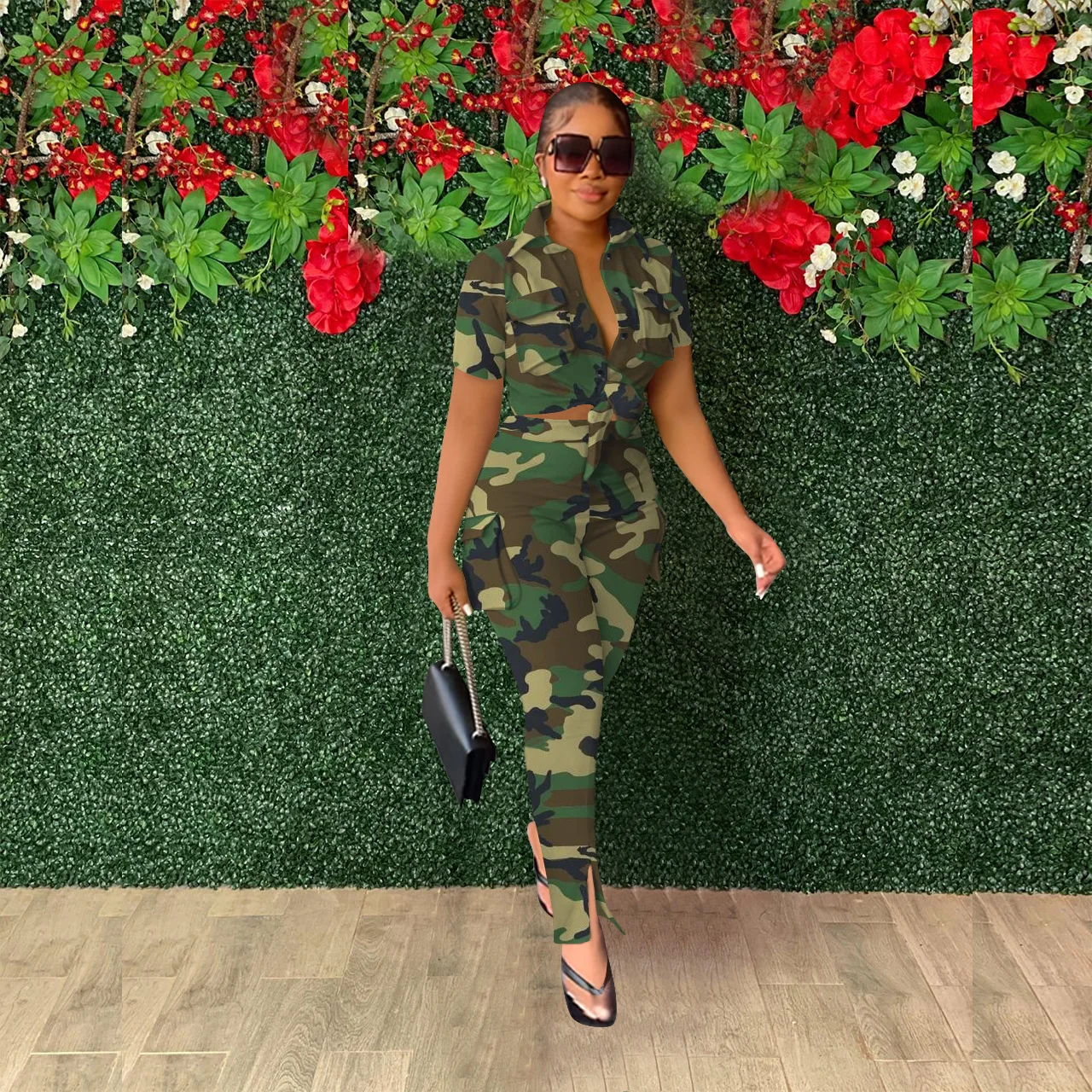 

Camouflage Print Two Piece Tracksuit Sets Women Denim Patchwork Short Sleeve Shirt Top Skinny Pants Suit Casual Ladies Outfits