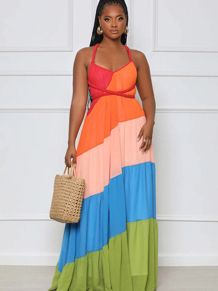 

Женское шифоновое платье-макси без рукавов, элегантное Свободное длинное пляжное платье составного кроя с лямкой на шее и открытой спиной, ...