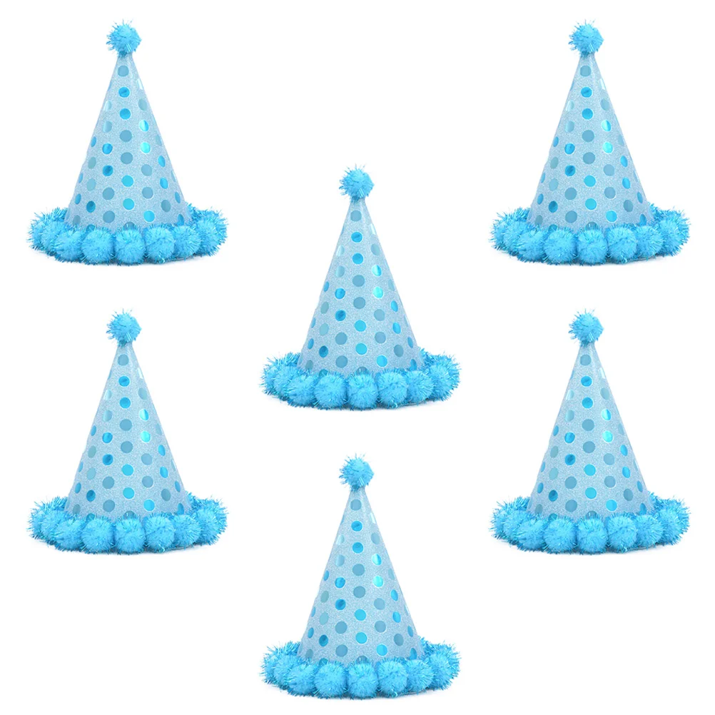

6pcs Birthday Paper Hat Shiny Plush Balls Party Supplies (Sky-blue)
