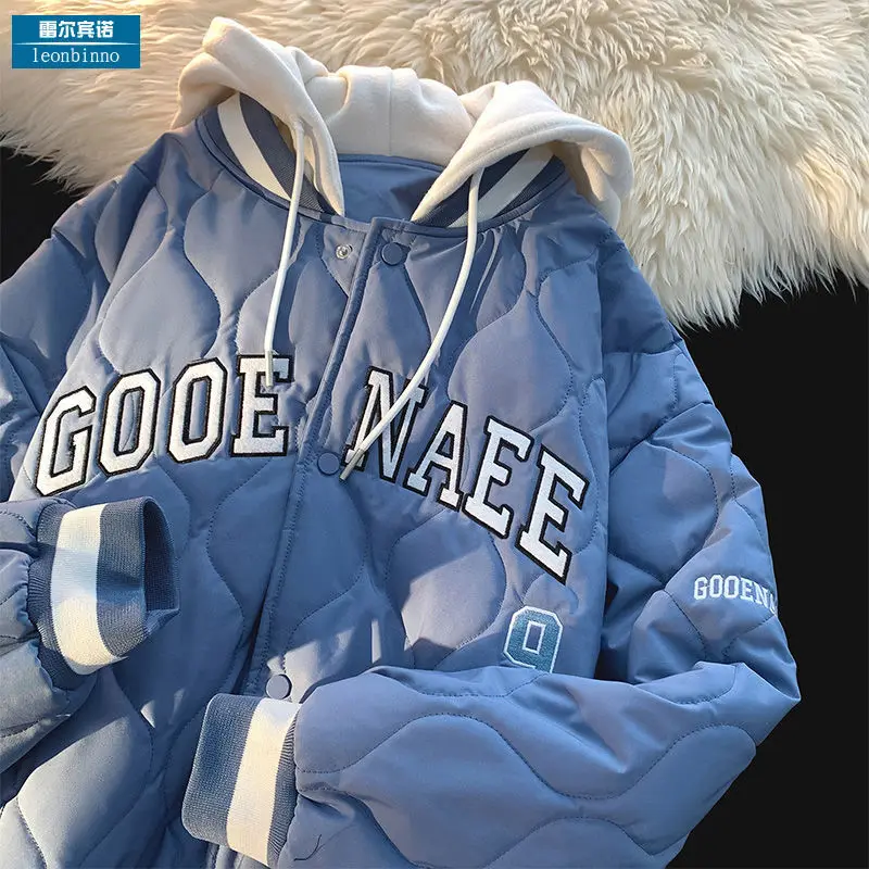 Fake Two Cotton-padded Men's Baseball Uniforms Hooded Winter N Fashion Brand Warm Thickened Couple Loose Cotton Jacket