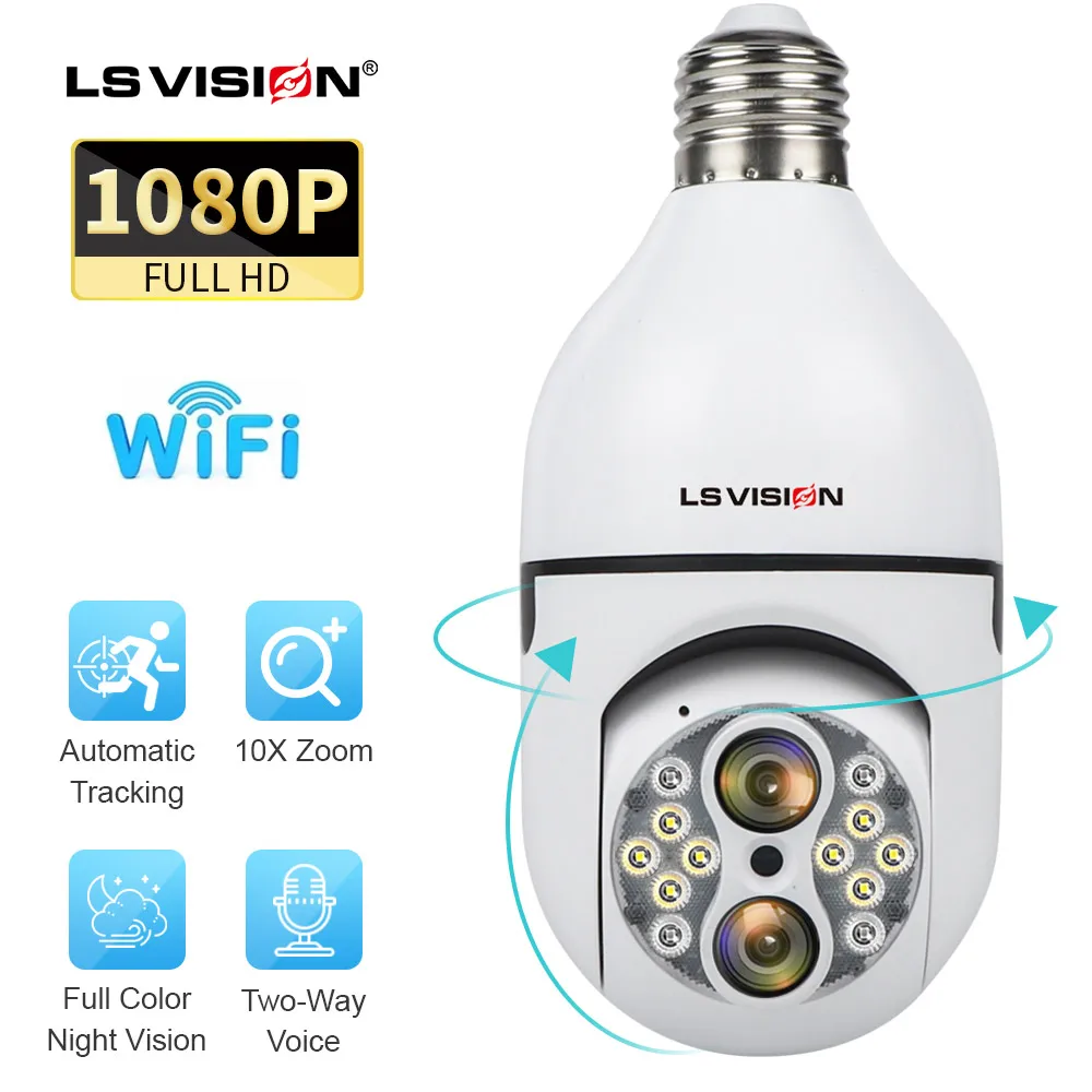 LS VISION 2K 4MP  Dual lens 10X  Zoom Security Camera E27 LED Light Wireless Security Camera WiFi  Security Bulb Camera