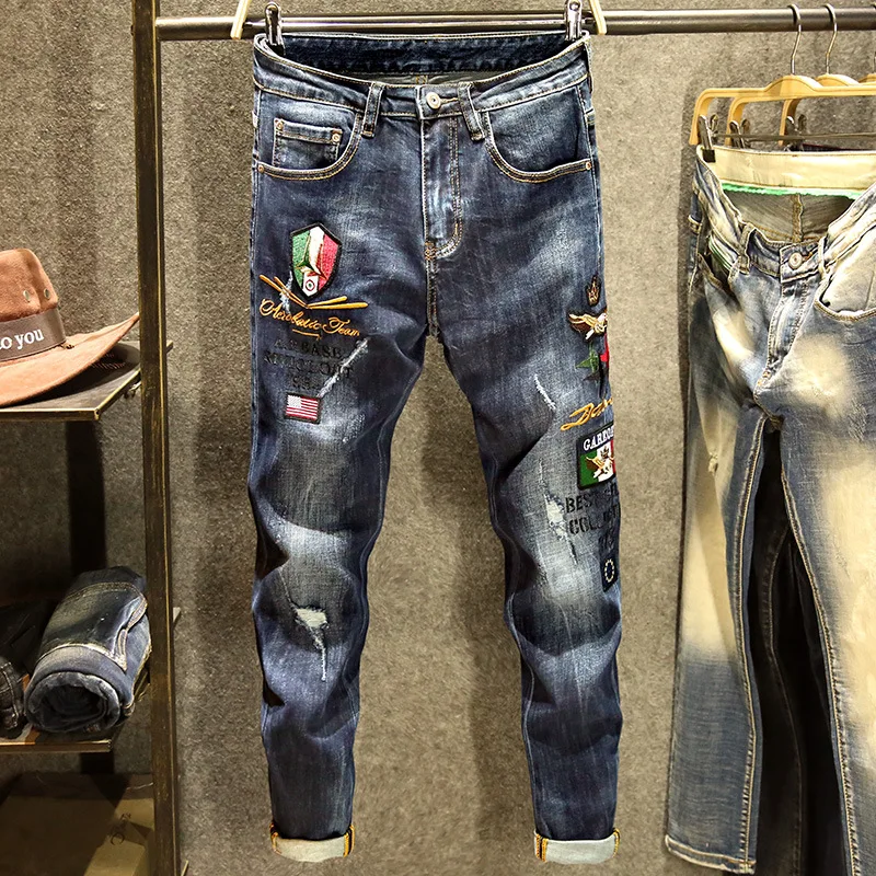 

Blue denim jeans men's brand slim-fit feet wash retro men's cowboy spring autumn jeans hombre teenagers streetwear pants for men