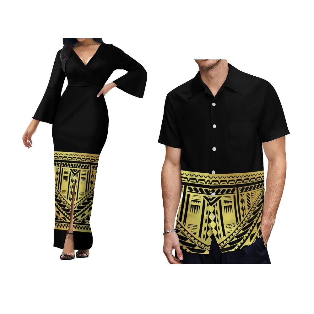 Hawaiian Islands Custom Couple Set Women'S Tight Skirt Men'S Shirt Polynesian Art Print Temperament V-Neck Slit