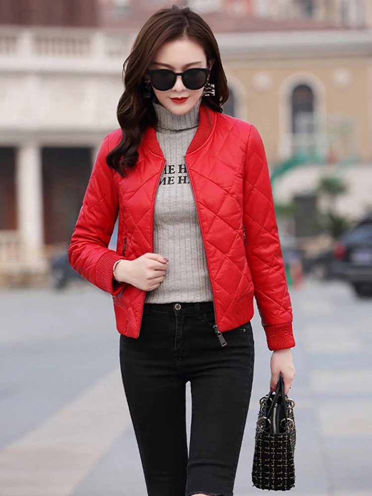 New Women Leather Down Jacket Autumn Winter Casual Fashion Baseball Style Warm Sheepskin Short Coat Split Leather Slim Jacket