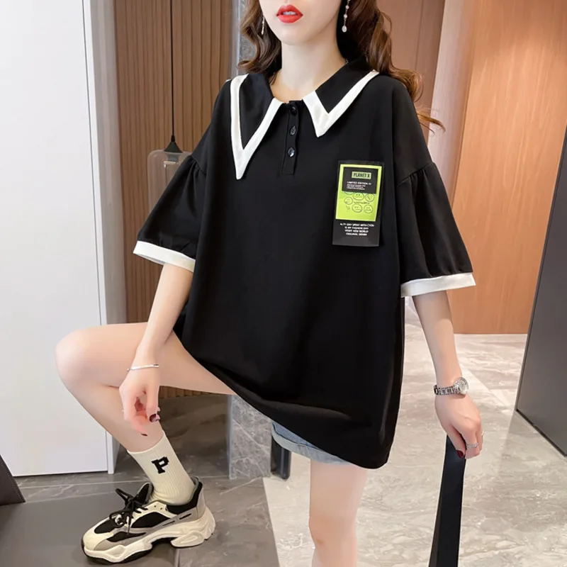 

#0803 Black White Grey Short Sleeve Polo Shirt Women Pockets Loose Korean Style Buttons Cotton Women Polo Neck Shirts Summer2023