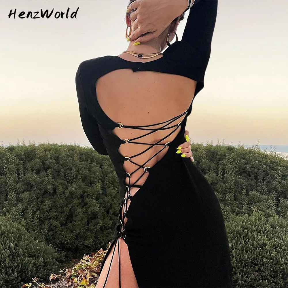 

HenzWorld Dresses For Women 2022 Fashion Lacing Long Sleeve Black Sexy Backless Club Party Prom Evening Maxi Dress Split Clothes