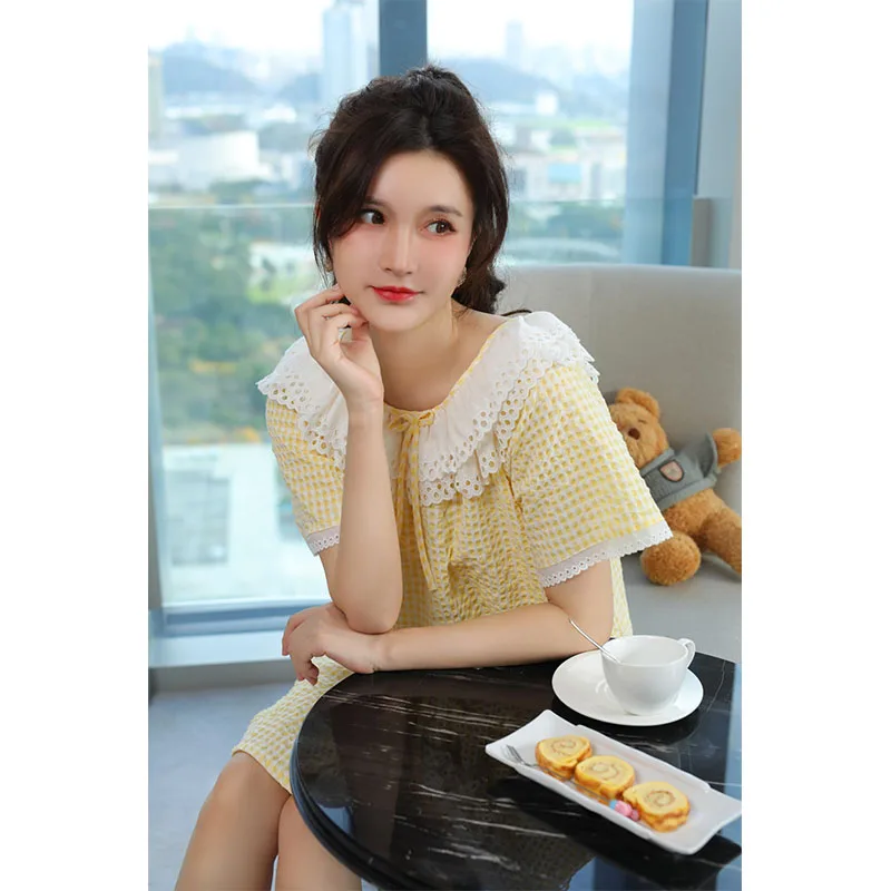 YFTNH Summer Womens Nightgown Plaid Lace Crew Neck Soft Breathable Short Sleeve Night Shirts for Ladies Sleepwear Nighties