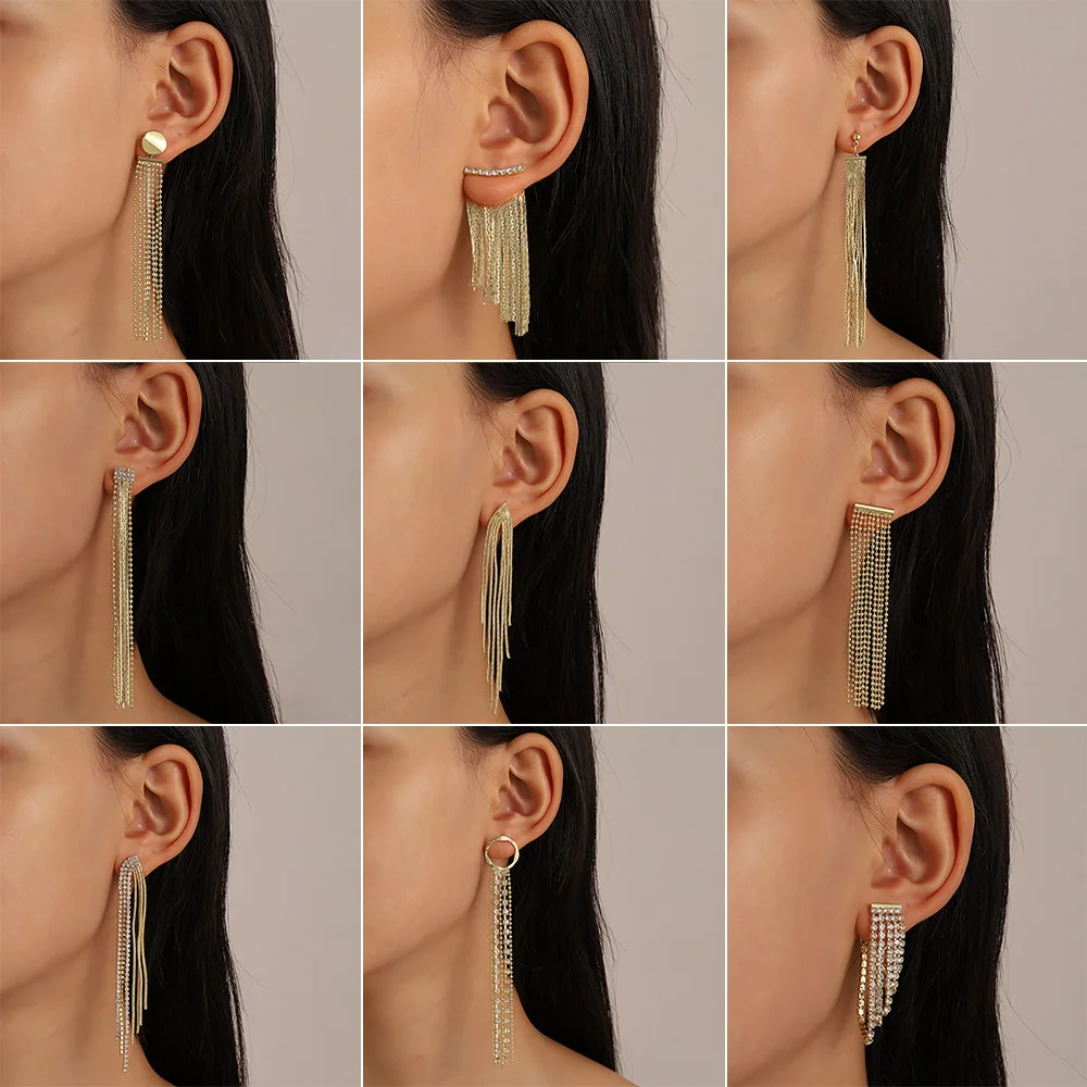 

2022 New Creative Fashion Exaggerated Long Tassel Earrings Women's Temperament Personality Copper Set Zircon Ear Studs Eardrop