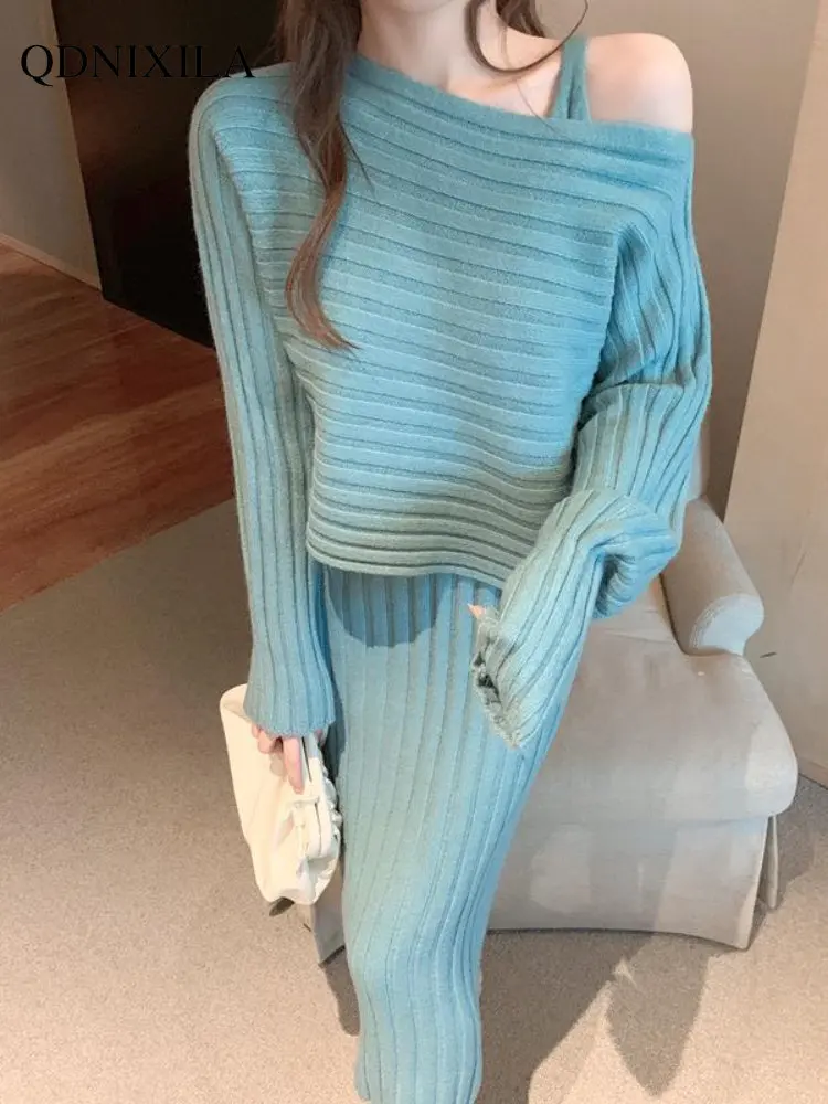

2022 Autumn Winter Women's Dresses Knitted Sweater Two-piece Set New Pullover Sweater Sexy and Fashionable Dress Party Dress