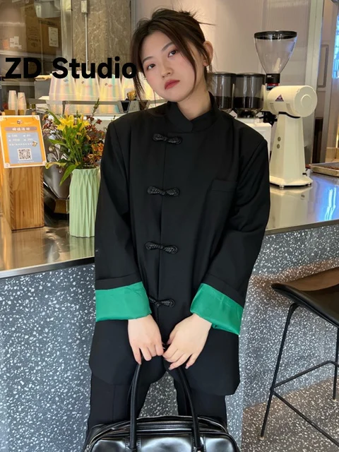 

[ZD Studio] Women Black Color-block Size Blazer New Stand Collar Long Sleeve Loose Fit Jacket Spring Autumn 2023