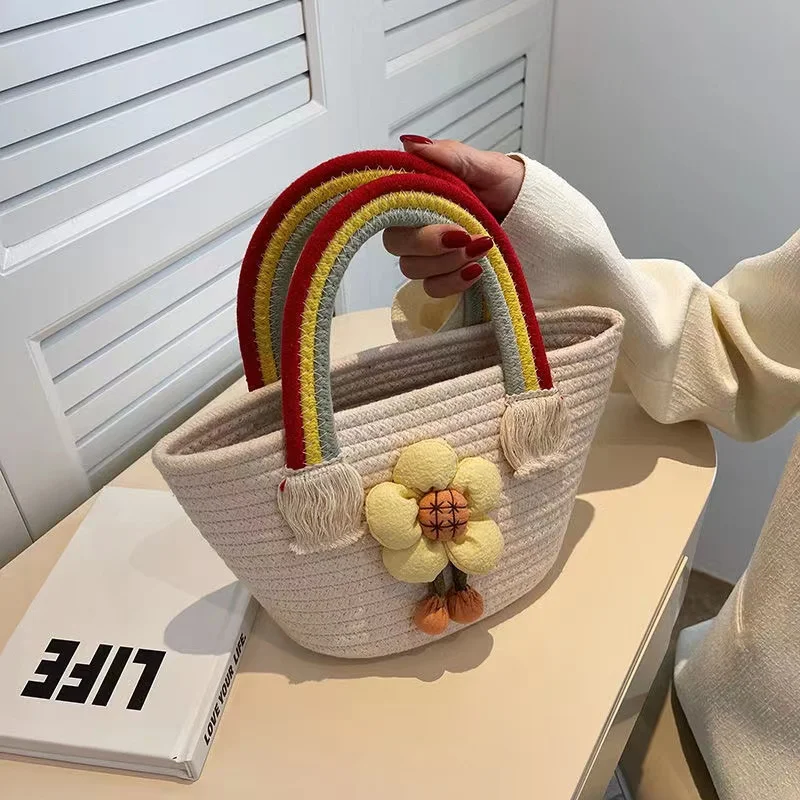 2022 Summer Women Straw Bags Trend Designer Rainbow Handle Tassels Handbag Cotton Woven Bag Large Capacity Female Beach Tote