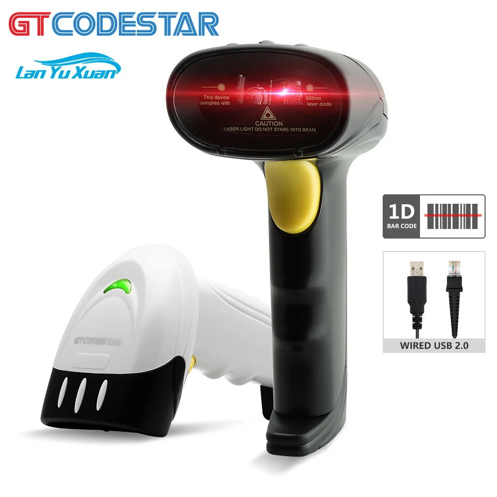 Фото Высокопроизводительный ручной 1D лазерный сканер штрих-кодов GTCODESTAR, USB-считыватель штрих-кодов, проводной USB-сканер-пистолет для сканирования штрих-кодов №1