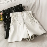 drawstring lace up waist controlled slimming pu leather shorts womens slim fit zipper high waist bright line boot pants tide