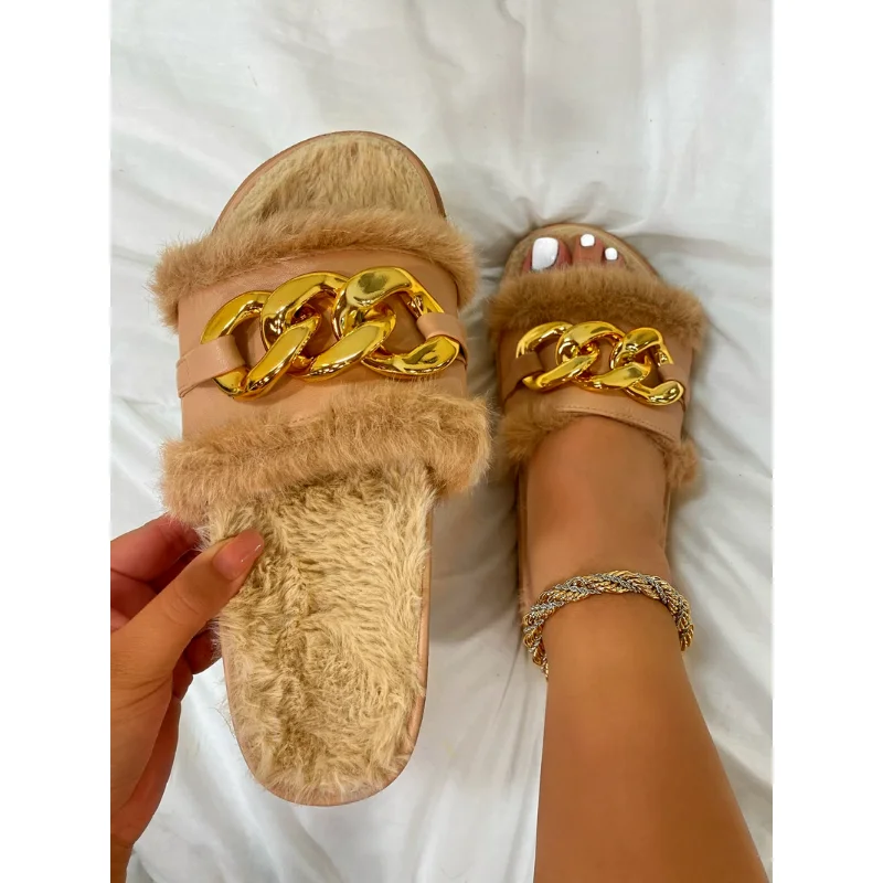 2023 New Plush Slippers Fashion Open Toe Solid Color Women's Sandals Metal Chain Outdoor Casual Women's Shoes  Fashion Shoes