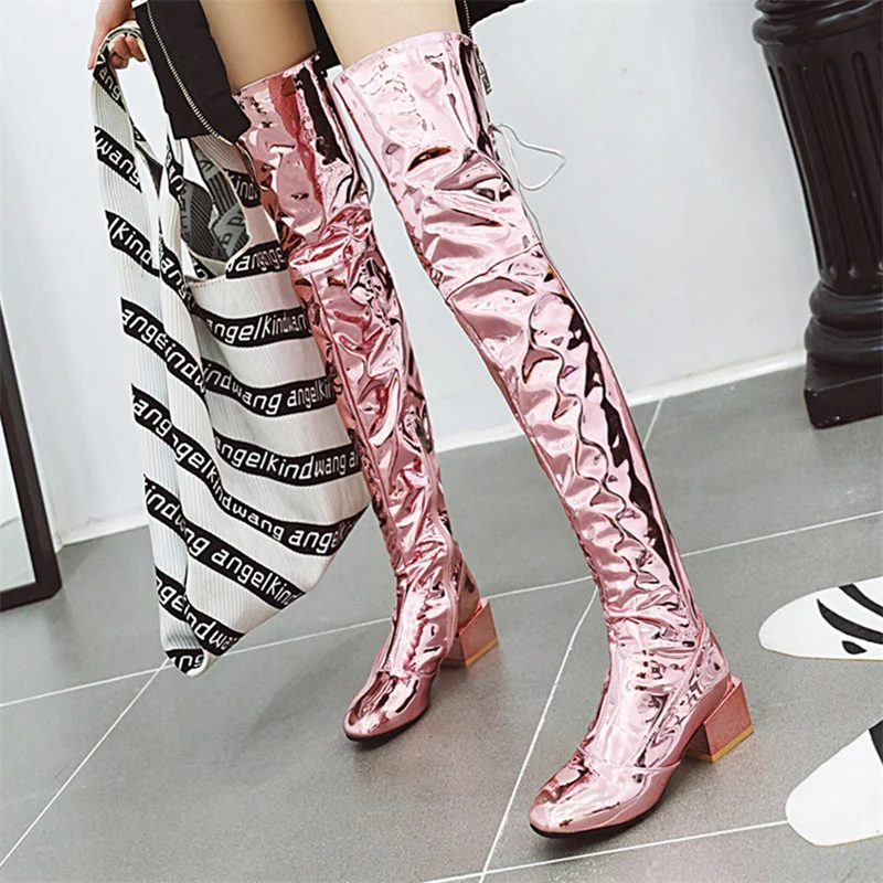 

Women Boots Luxury 2022 Winter Mirror Patent Leather Over The Knee Boots 40-46 Zipper Round Head Middle Heel Ladies Thigh Boots