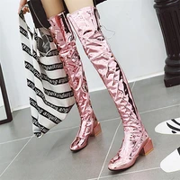 women boots luxury 2022 winter mirror patent leather over the knee boots 40 46 zipper round head middle heel ladies thigh boots