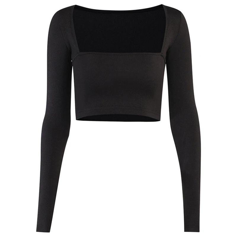 

Women Solid Color Long Sleeve Square Neck Autumn Basic Crop Tops Bottoming Shirt