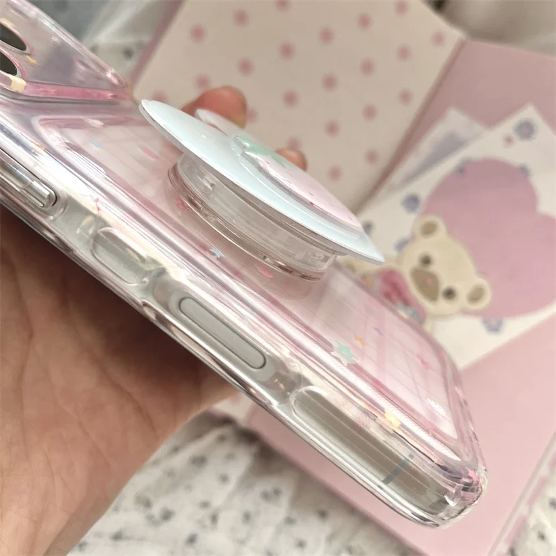 Фото Милый розовый прозрачный чехол в клетку для iPhone 15 16 17 Pro Max, противоударный, с 3D-дизайном: звезды, клубника, бантики, сердечки, ручка-держатель №2