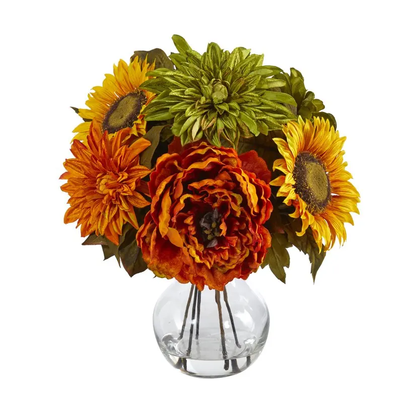 

12" Peony, Dahlia and Sunflower Artificial Flower Arrangement in Glass Vase, Multicolor