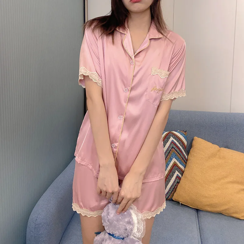 Pajamas for Women's Summer Thin Short-sleeved Shorts Home Suit Breathable Comfortable and Soft Sleepwear with Turn-over Collar