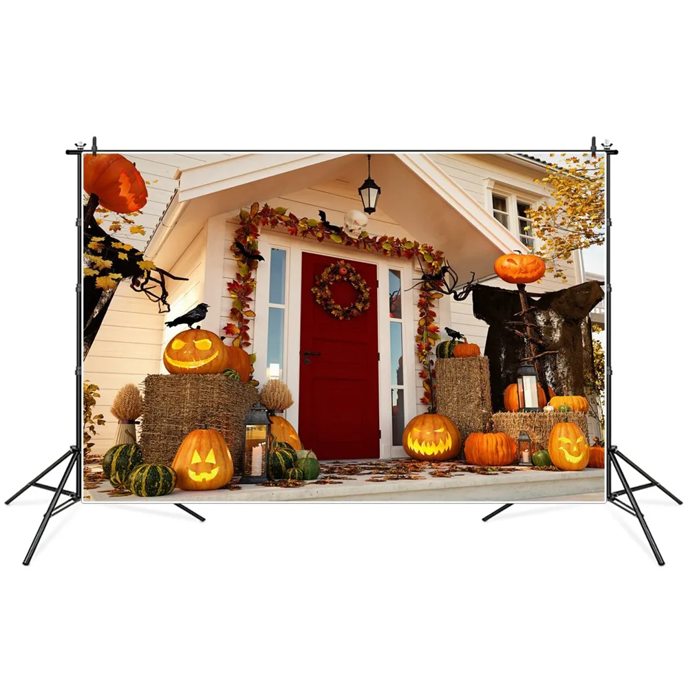 

Pumpkin Lantern Porch Halloween Photography Backgrounds Custom Autumn Leaves Garland Door Baby Party Decoration Photo Backdrops
