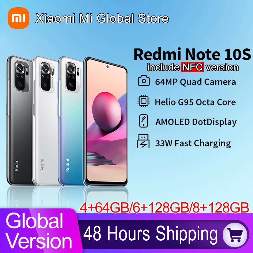 Global Version Xiaomi Redmi Note 10S Mobile Phone 6GB 64/128GB Helio G95 Octa Core 64MP Quad Camera 6.43