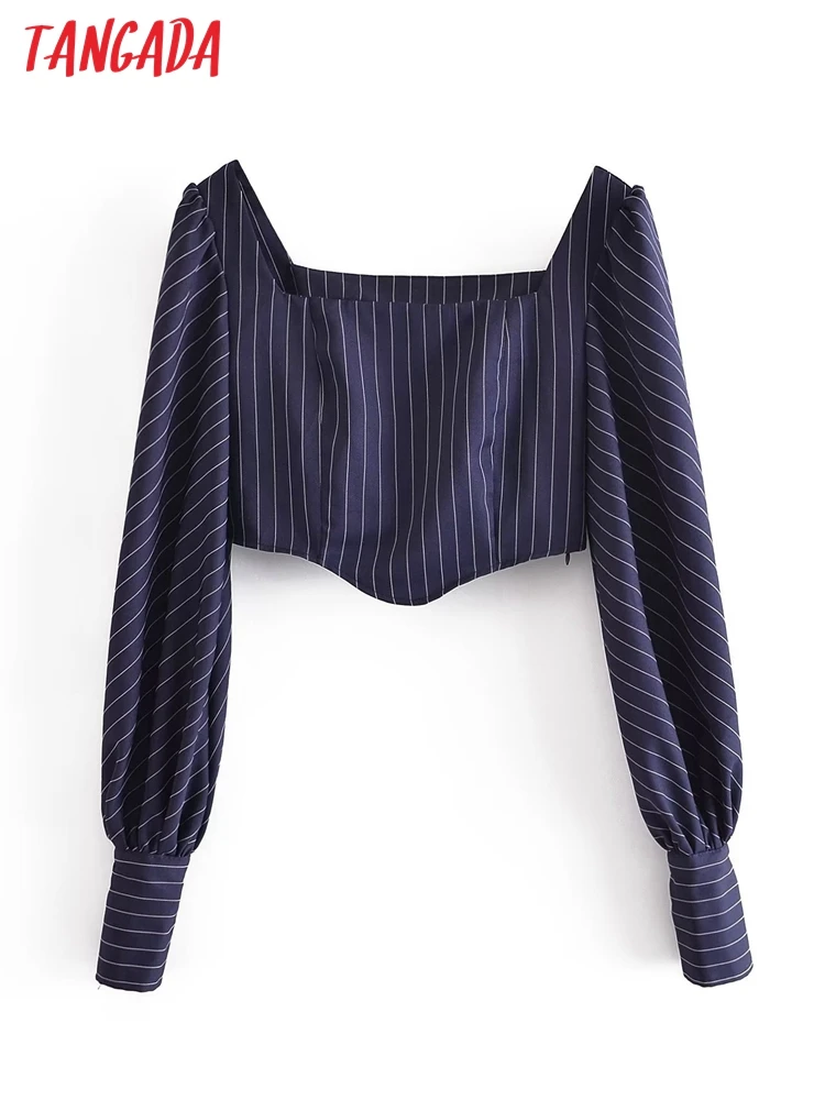

Tangada Women Retro Striped Print Long Sleeve Crop Shirt 2022 Chic Female Shirt Tops 3W67