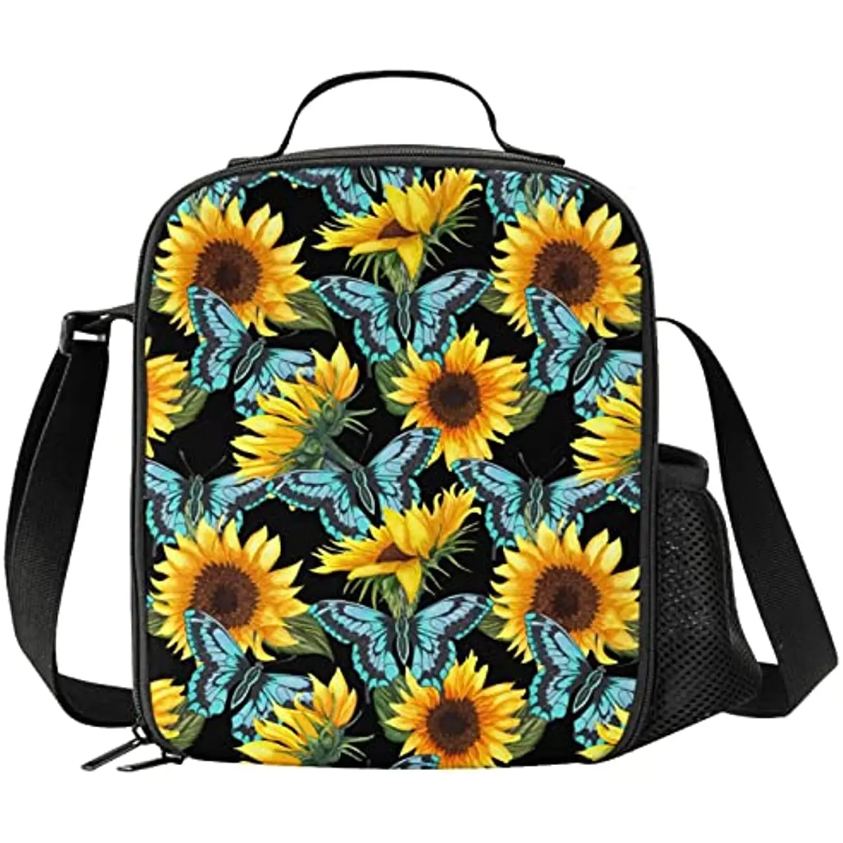

Butterfly Sunflower Blue Kids Insulated Lunch Bag Big Cute Thermal Tote Bag Built Back To School Lunch Bags with Shoulder Strap