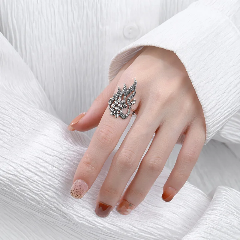 S925 Sterling Silver Women's Large Rings Retro Ethnic Style Peacock Phoenix Shape Hollow Opening Adjustable Ring Luxury Jewelry images - 6